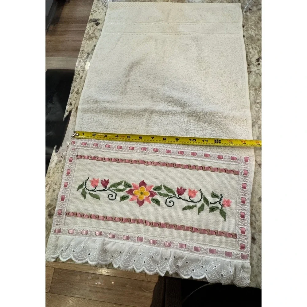 Hand Towel Embellished Cross Stitch Floral Pink Lace White Bathroom Guest Towel